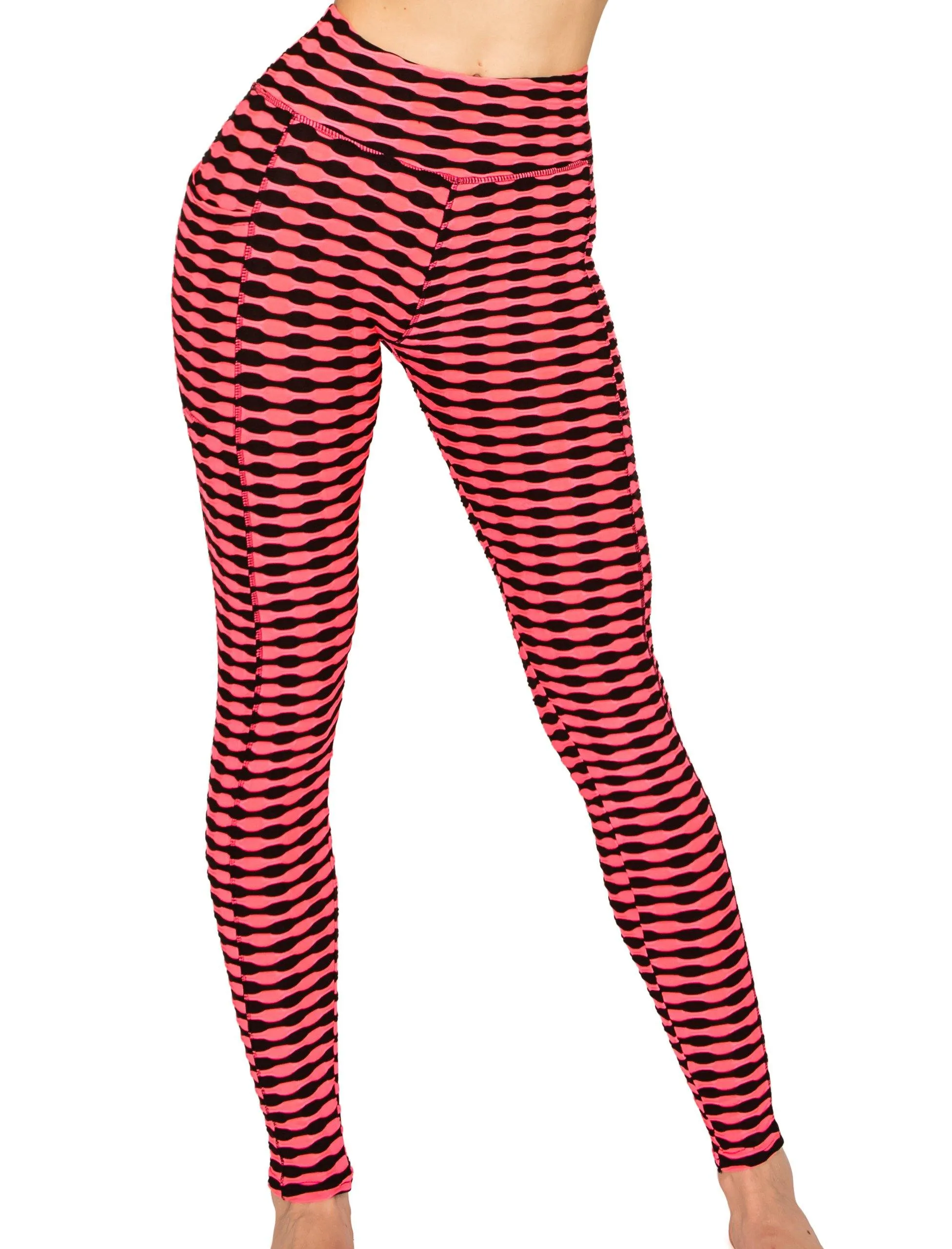 Textured 3D Booty Yoga Pants - High Waist Compression Slimming Butt Lift Patterned Pants with Pockets