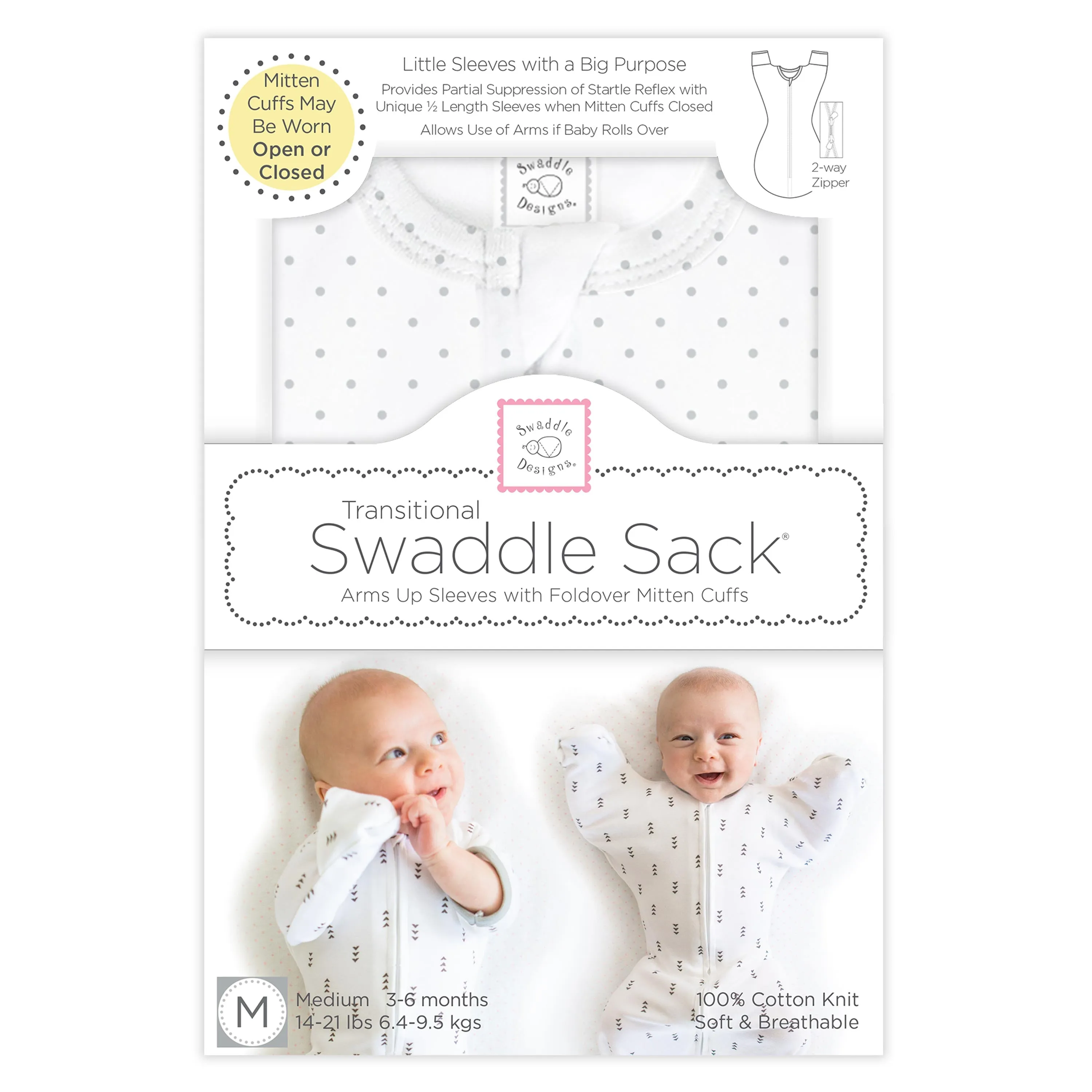 Transitional Swaddle Sack  - Arms Up 1/2-Length Sleeves & Mitten Cuffs, Classic Polka Dots, Sterling