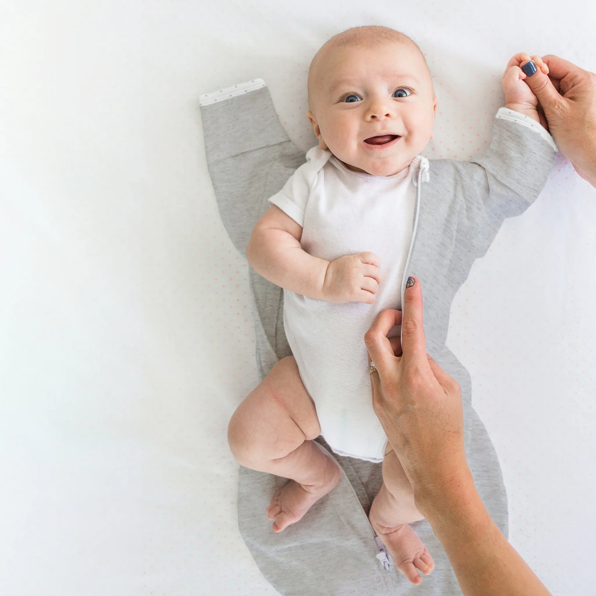 Transitional Swaddle Sack - Arms Up 1/2-Length Sleeves & Mitten Cuffs, Heathered Butterum with Polka Dot Trim