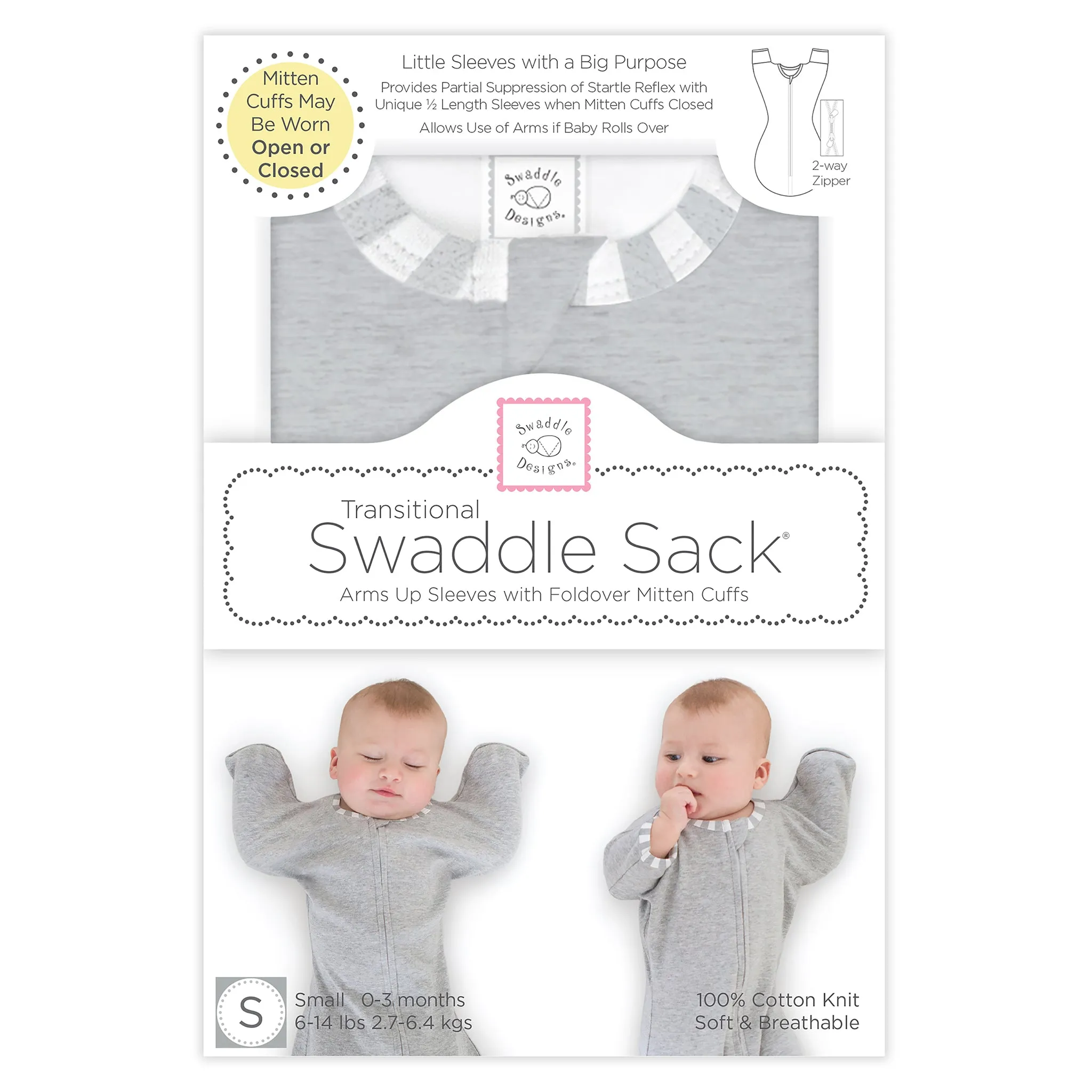 Transitional Swaddle Sack - Arms Up 1/2-Length Sleeves & Mitten Cuffs, Heathered Gray with Striped Trim