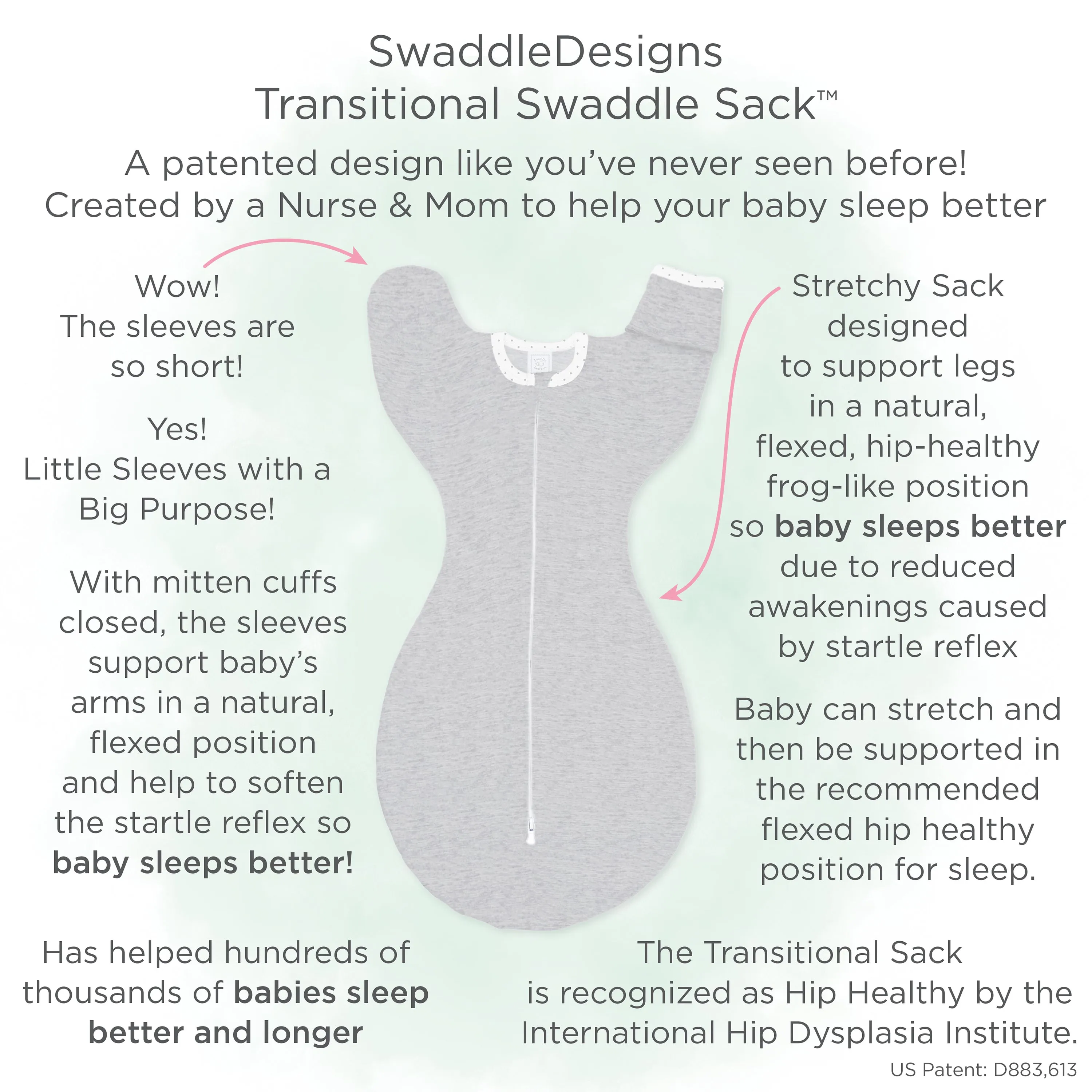 Transitional Swaddle Sack - Arms Up 1/2-Length Sleeves & Mitten Cuffs, Heathered Gray with Striped Trim