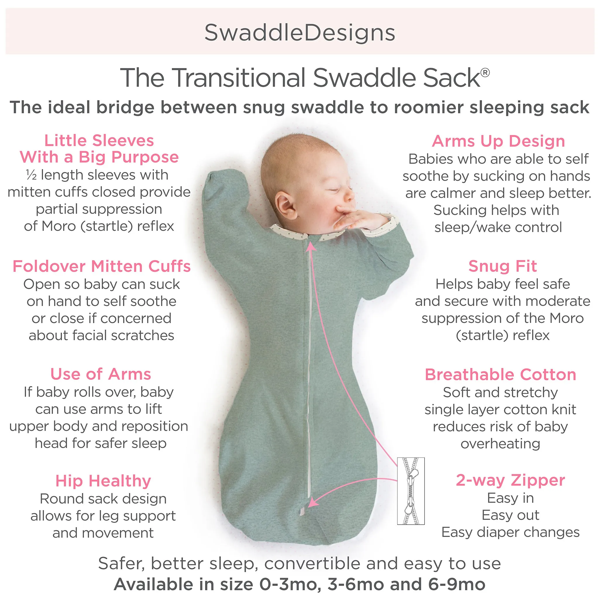 Transitional Swaddle Sack - Arms Up 1/2-Length Sleeves & Mitten Cuffs, Heathered Gray with Striped Trim