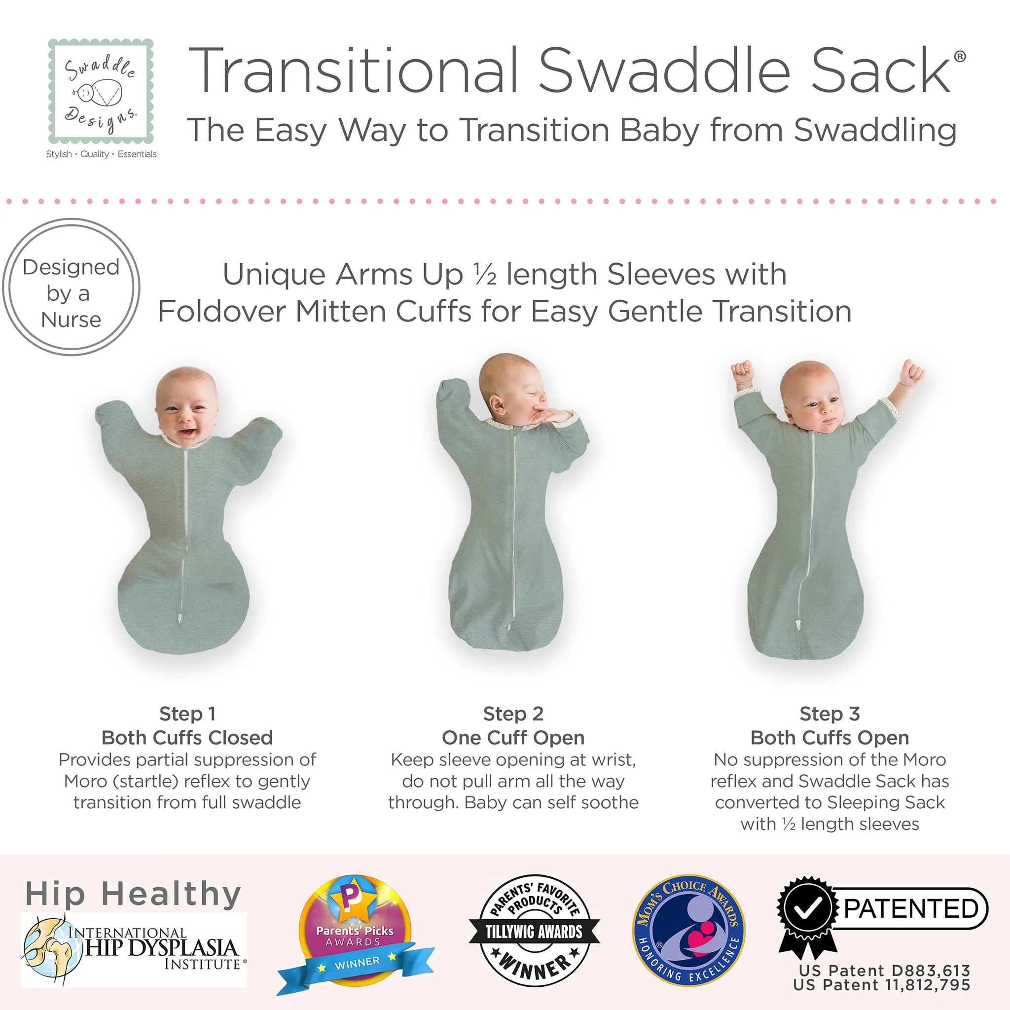 Transitional Swaddle Sack - Arms Up 1/2-Length Sleeves & Mitten Cuffs, Heathered Jadeite with Polka Dot Trim