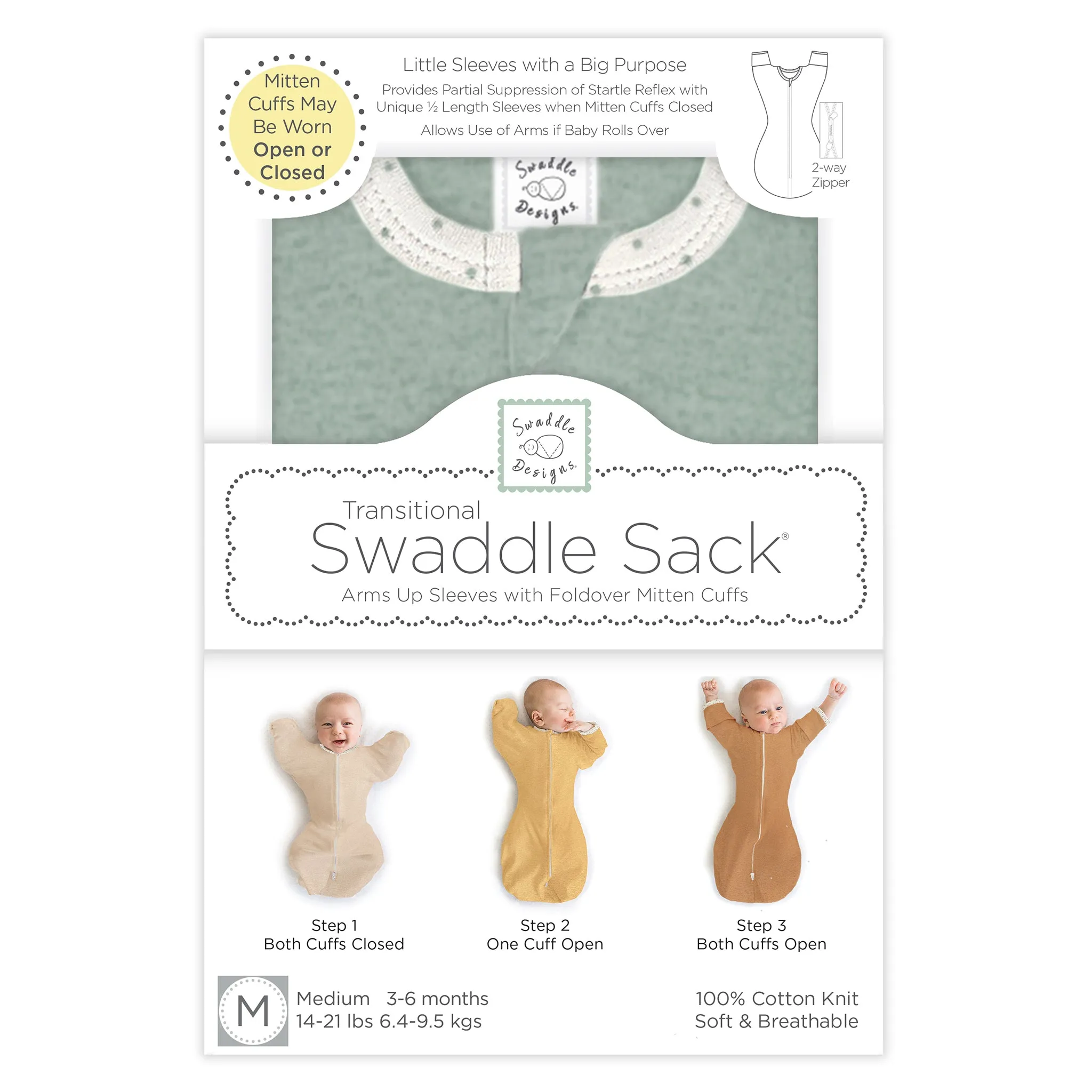 Transitional Swaddle Sack - Arms Up 1/2-Length Sleeves & Mitten Cuffs, Heathered Jadeite with Polka Dot Trim