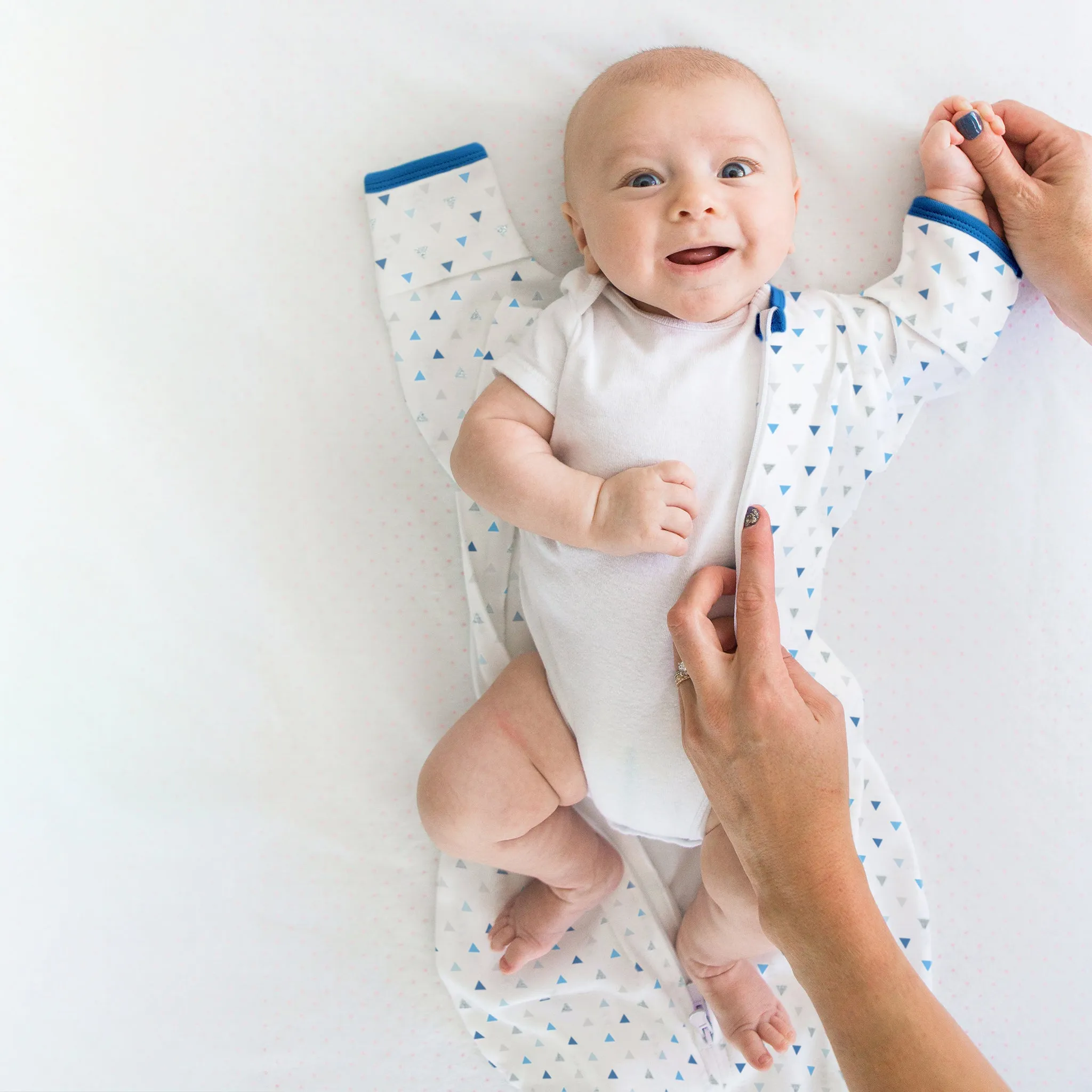 Transitional Swaddle Sack  - Arms Up 1/2-Length Sleeves & Mitten Cuffs, Tiny Triangles, Blues with Touch of Silver  Shimmer