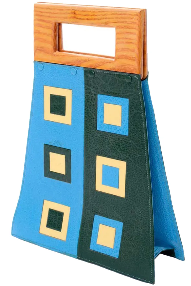 Vintage Blue & Green Modernist Geometric Leather Art Handbag With Wallet